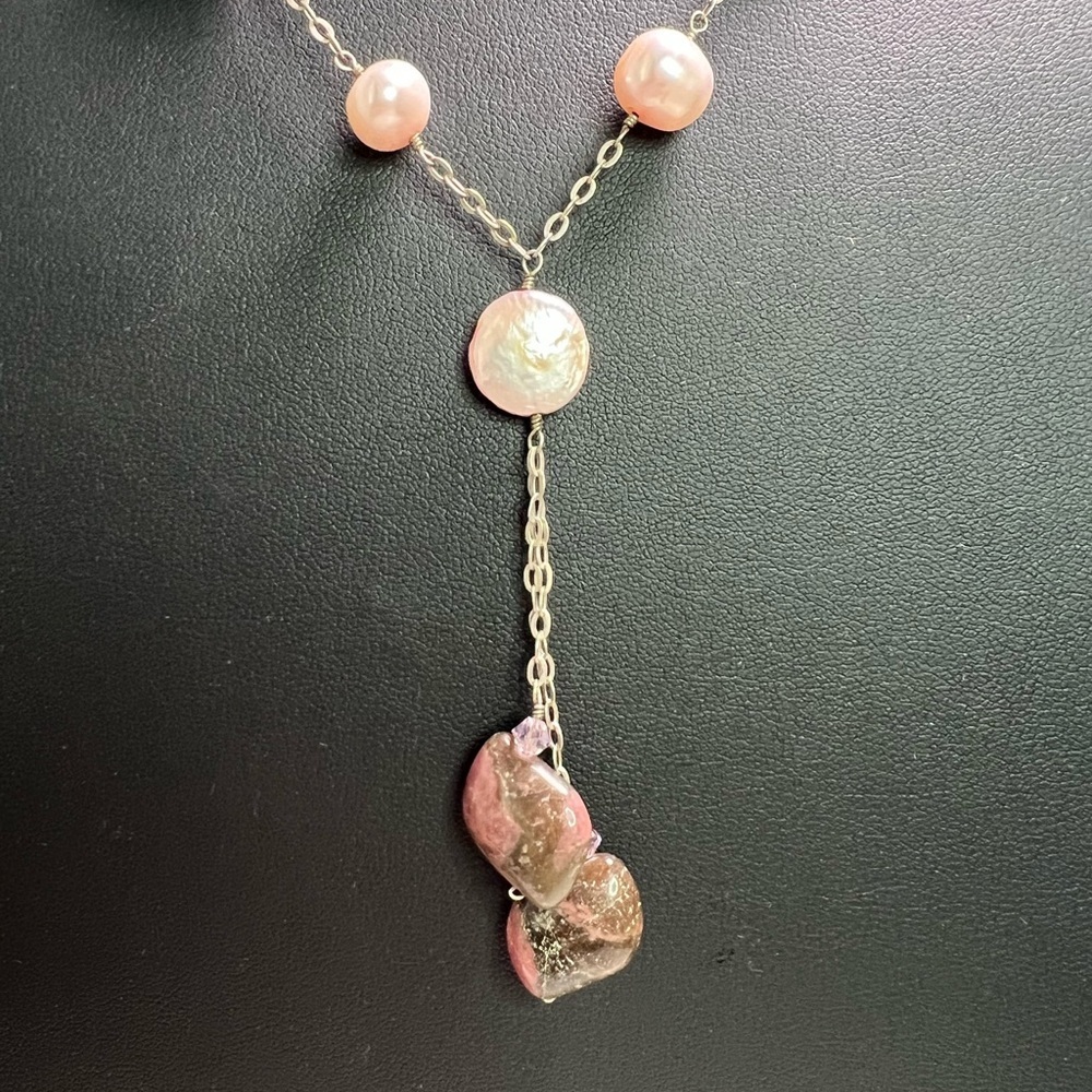 Freshwater Pink Coin Pearls & Stone Necklace 925 22” B21 - Picture 2 of 4